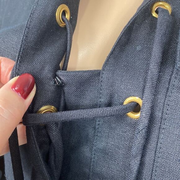 Cheetah B Sherrie Bloom Black Linen Long Sleeves Collared Dress - Picture 6 of 11